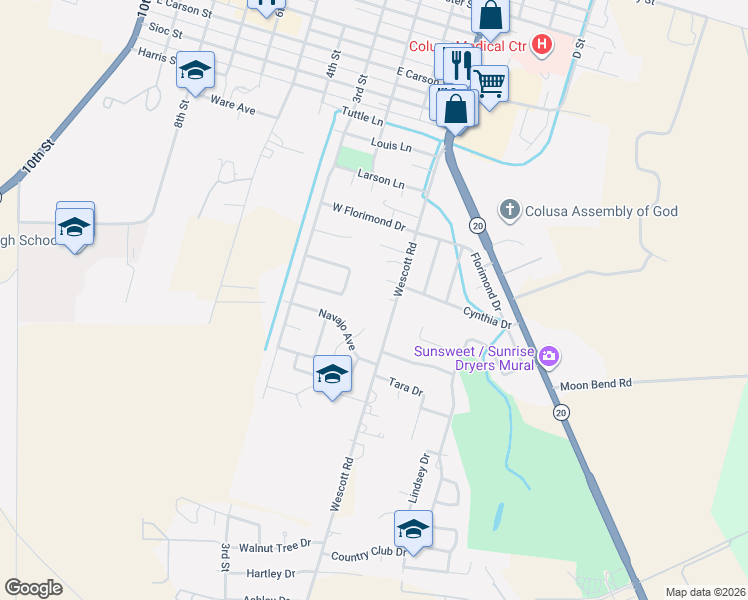 map of restaurants, bars, coffee shops, grocery stores, and more near 1732 Wescott Road in Colusa