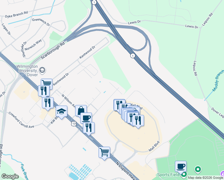map of restaurants, bars, coffee shops, grocery stores, and more near 353 Rustic Lane in Dover