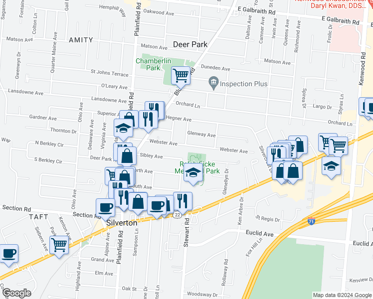 map of restaurants, bars, coffee shops, grocery stores, and more near 4245 Webster Avenue in Cincinnati