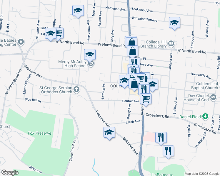 map of restaurants, bars, coffee shops, grocery stores, and more near 1673 Cedar Avenue in Cincinnati