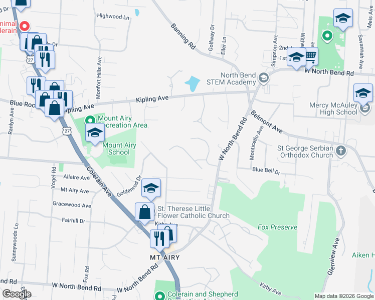 map of restaurants, bars, coffee shops, grocery stores, and more near 5580 Regimental Place in Cincinnati