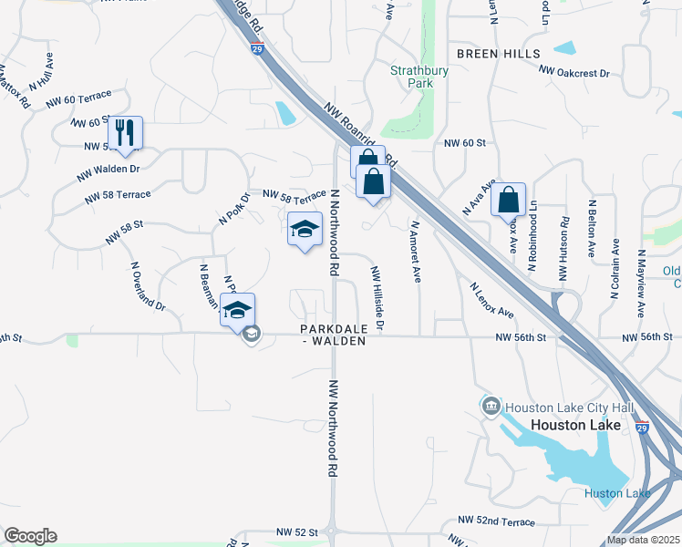 map of restaurants, bars, coffee shops, grocery stores, and more near 4400 Northwest 57th Street in Kansas City
