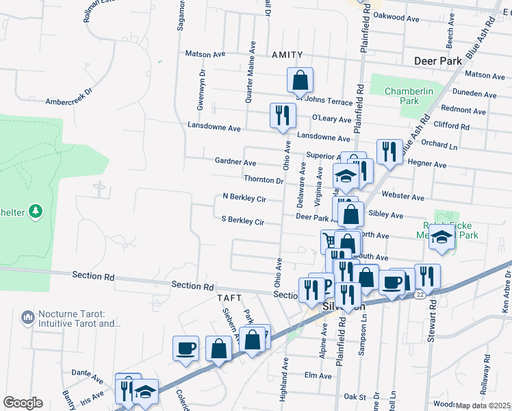 map of restaurants, bars, coffee shops, grocery stores, and more near 3810 South Berkley Circle in Cincinnati