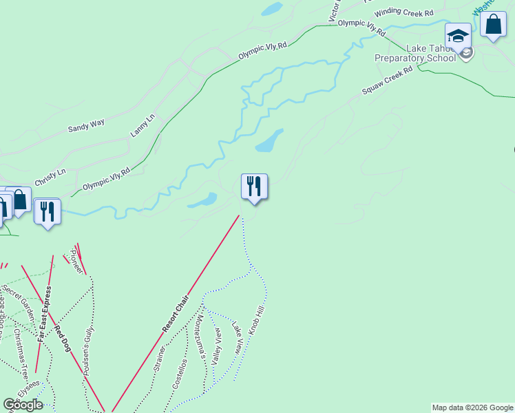 map of restaurants, bars, coffee shops, grocery stores, and more near Unnamed Road in Olympic Valley