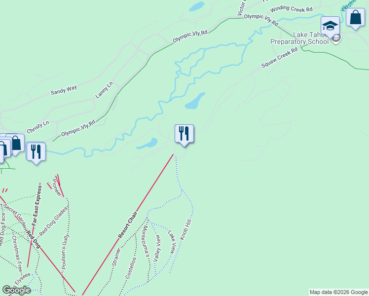 map of restaurants, bars, coffee shops, grocery stores, and more near Unnamed Road in Olympic Valley