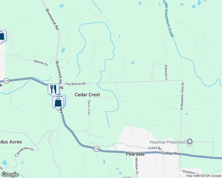 map of restaurants, bars, coffee shops, grocery stores, and more near 12885 The Burma Road in Grass Valley