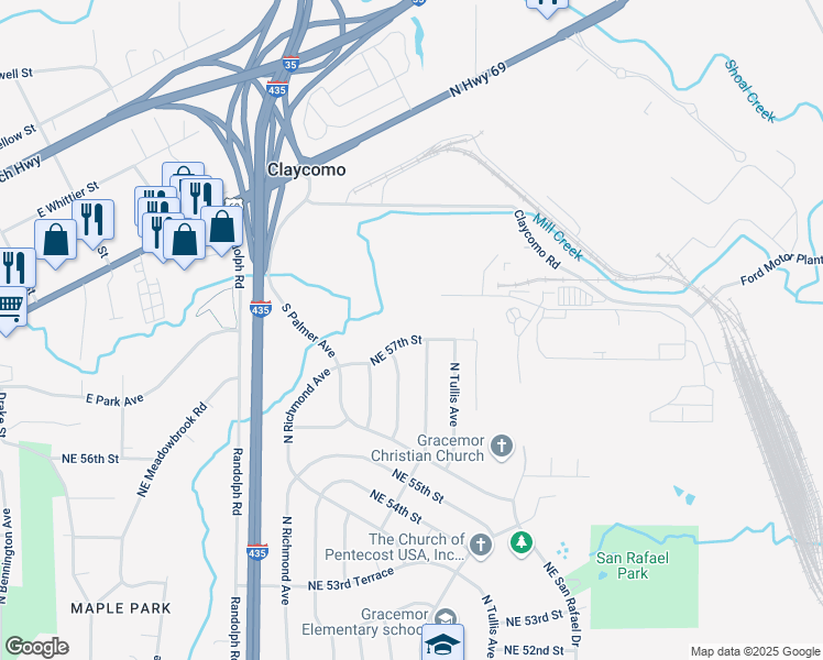 map of restaurants, bars, coffee shops, grocery stores, and more near 5664 North Potter Avenue in Kansas City