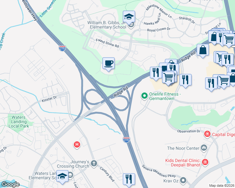 map of restaurants, bars, coffee shops, grocery stores, and more near Father Hurley Boulevard in Germantown