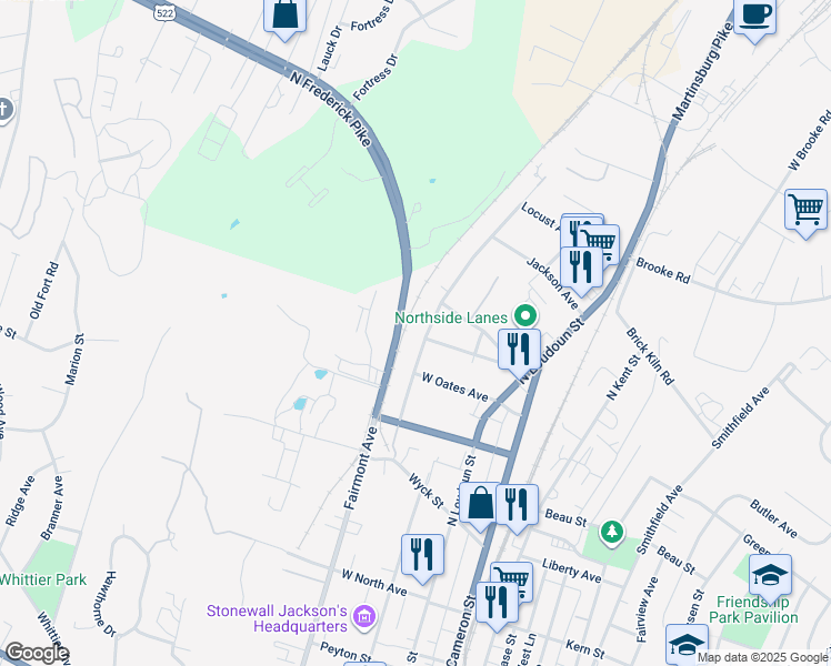 map of restaurants, bars, coffee shops, grocery stores, and more near 701 Pennsylvania Avenue in Winchester