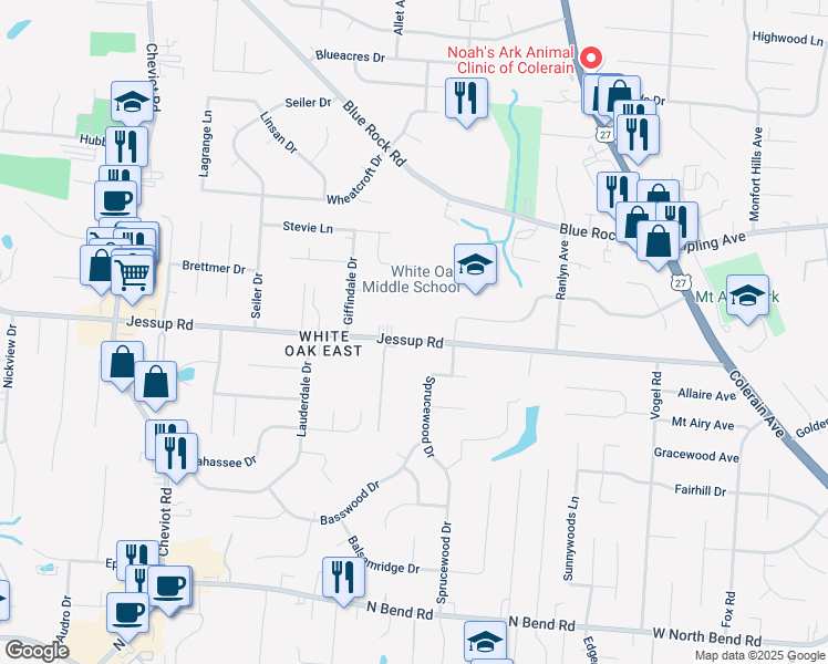 map of restaurants, bars, coffee shops, grocery stores, and more near 3207 Jessup Road in Cincinnati