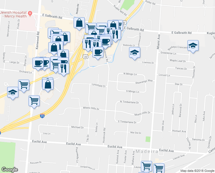 map of restaurants, bars, coffee shops, grocery stores, and more near Hosbrook Road in Kenwood