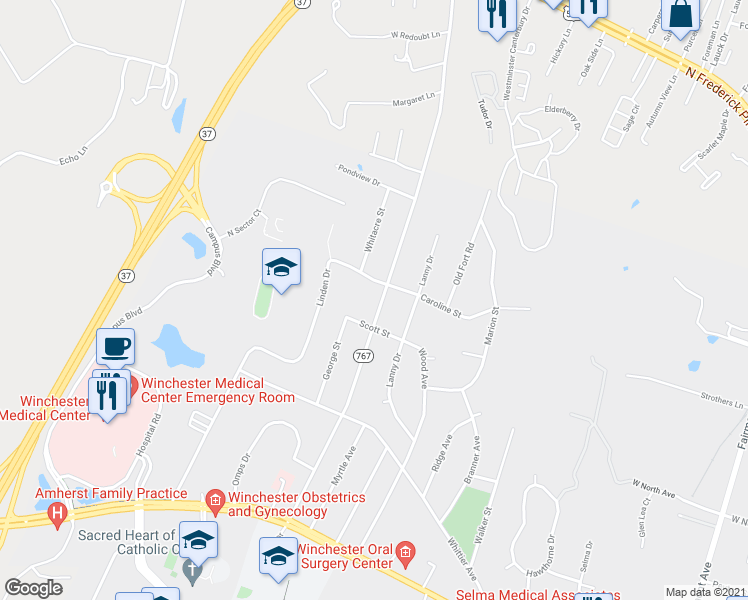 map of restaurants, bars, coffee shops, grocery stores, and more near 419 Fox Drive in Winchester