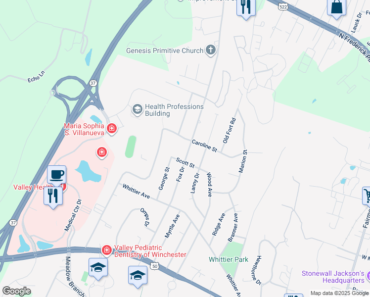 map of restaurants, bars, coffee shops, grocery stores, and more near 419 Fox Drive in Winchester
