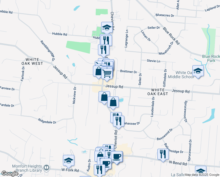 map of restaurants, bars, coffee shops, grocery stores, and more near 3557 Jessup Road in Cincinnati