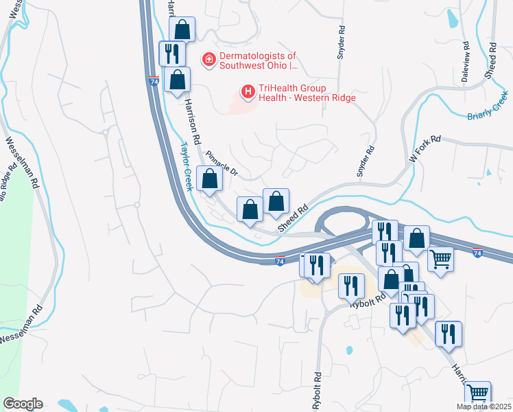 map of restaurants, bars, coffee shops, grocery stores, and more near 6788 Cedar Hills in Cincinnati