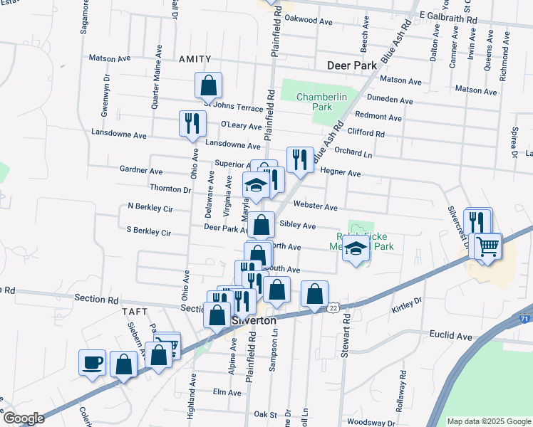 map of restaurants, bars, coffee shops, grocery stores, and more near 7121 Plainfield Road in Cincinnati