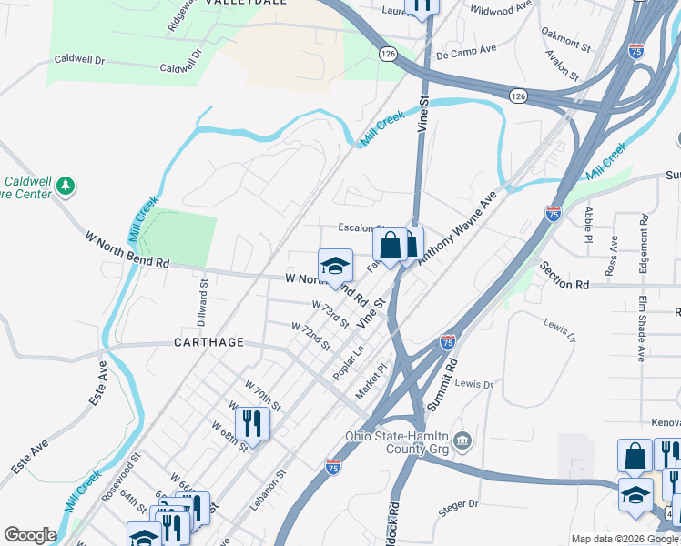 map of restaurants, bars, coffee shops, grocery stores, and more near 100 West North Bend Road in Cincinnati