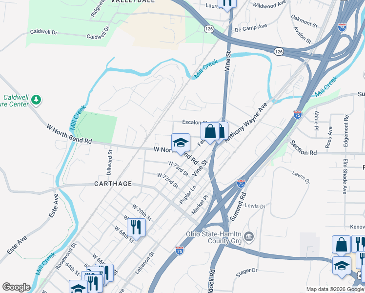 map of restaurants, bars, coffee shops, grocery stores, and more near 100 West North Bend Road in Cincinnati