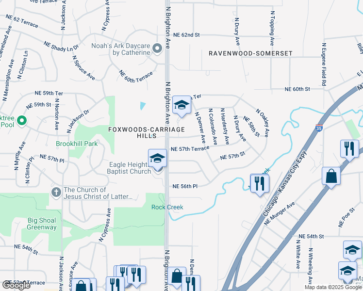 map of restaurants, bars, coffee shops, grocery stores, and more near 5025 Northeast 57th Terrace in Kansas City