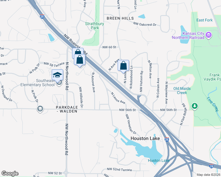 map of restaurants, bars, coffee shops, grocery stores, and more near 5700 North Adrian Avenue in Kansas City