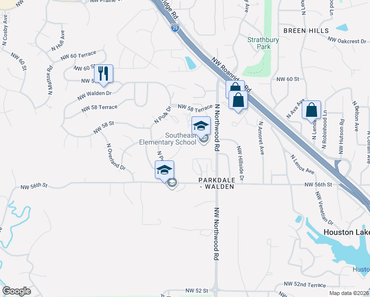 map of restaurants, bars, coffee shops, grocery stores, and more near 4833 Northwest 57th Court in Kansas City