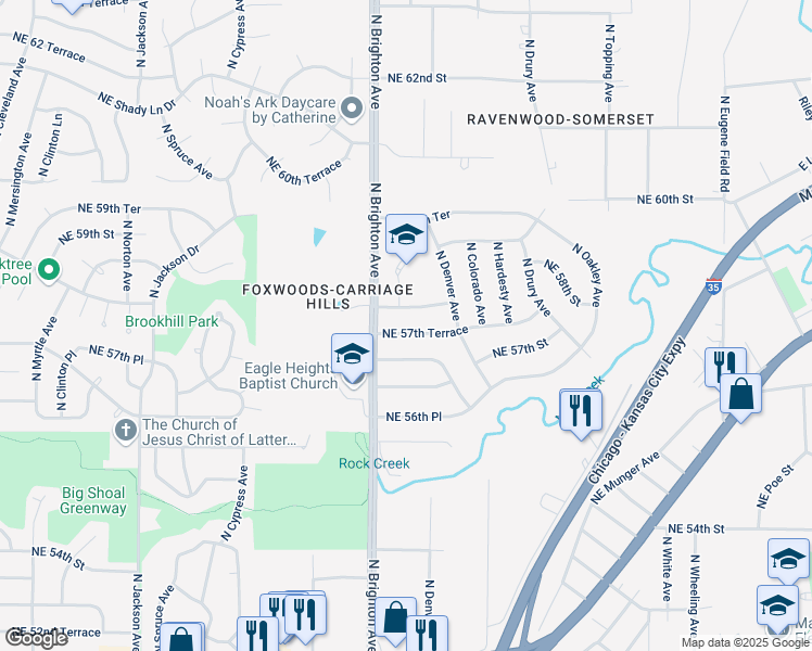 map of restaurants, bars, coffee shops, grocery stores, and more near 5025 Northeast 57th Terrace in Kansas City