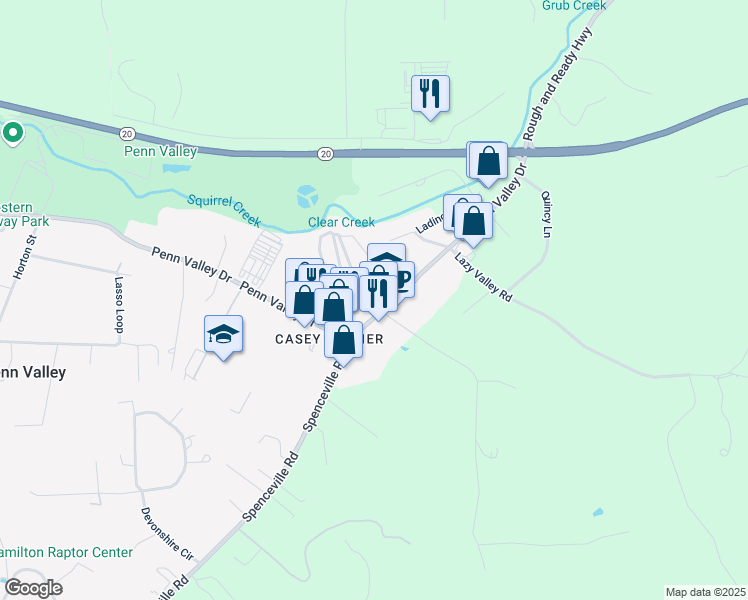 map of restaurants, bars, coffee shops, grocery stores, and more near 17410 Penn Valley Drive in Penn Valley