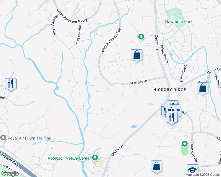 map of restaurants, bars, coffee shops, grocery stores, and more near 10935 Harmel Drive in Columbia