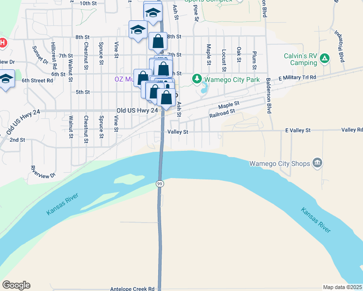 map of restaurants, bars, coffee shops, grocery stores, and more near 202 Ash Street in Wamego