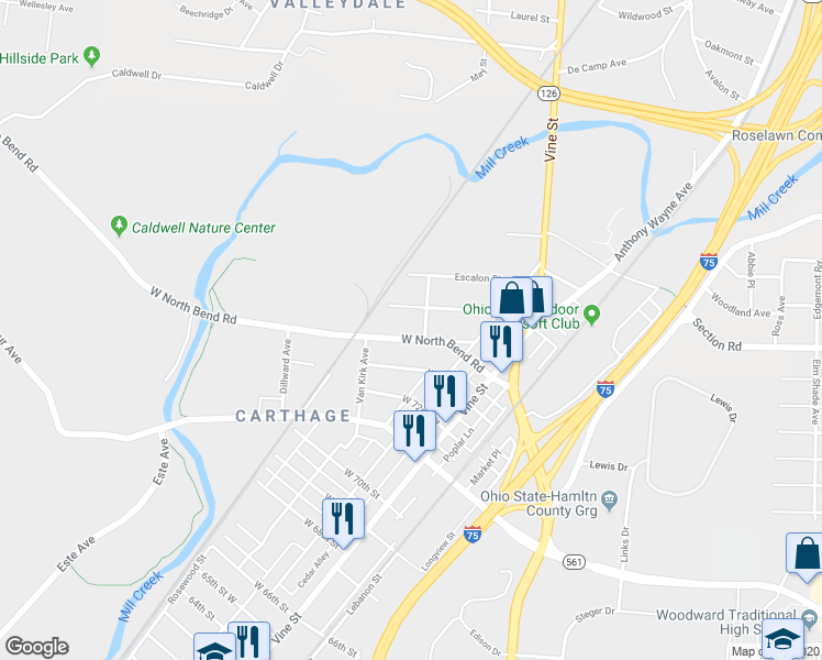 map of restaurants, bars, coffee shops, grocery stores, and more near 150 West North Bend Road in Cincinnati