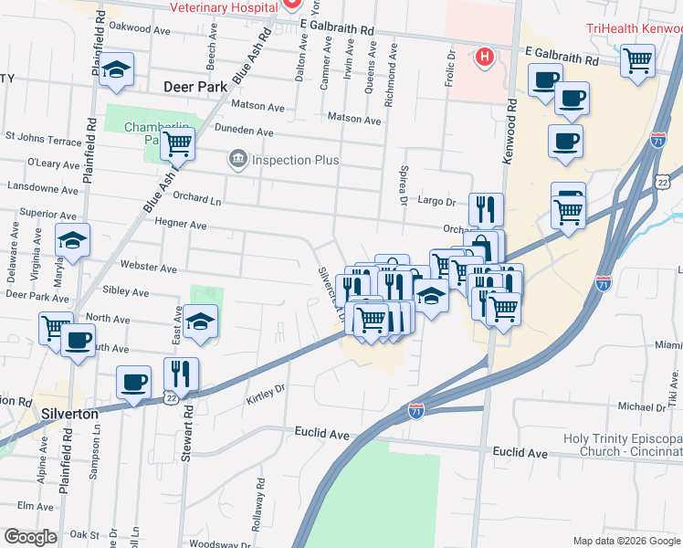 map of restaurants, bars, coffee shops, grocery stores, and more near 7145 Silvercrest Drive in Cincinnati