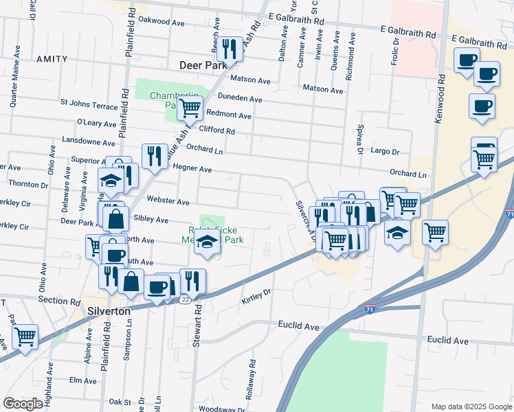 map of restaurants, bars, coffee shops, grocery stores, and more near 4325 Webster Avenue in Cincinnati