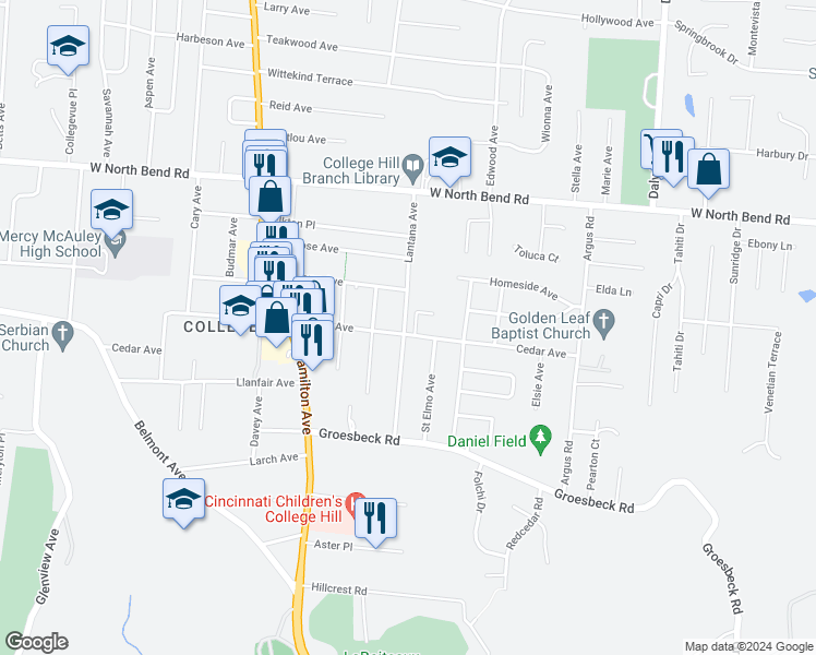 map of restaurants, bars, coffee shops, grocery stores, and more near 1309 Cedar Avenue in Cincinnati