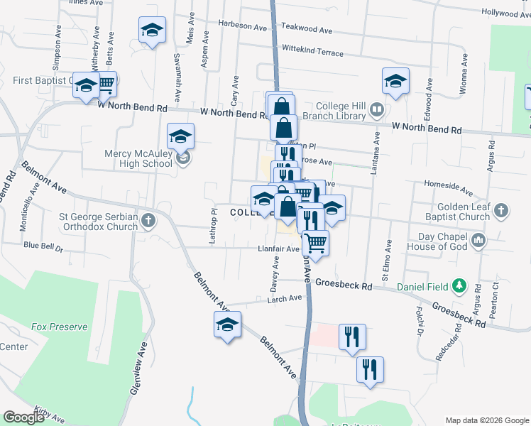 map of restaurants, bars, coffee shops, grocery stores, and more near in Cincinnati