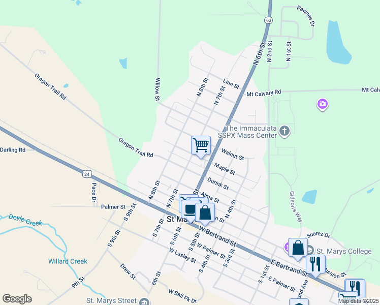 map of restaurants, bars, coffee shops, grocery stores, and more near 409 N 7th St in St Marys