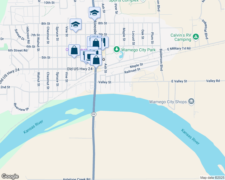 map of restaurants, bars, coffee shops, grocery stores, and more near 202 Ash St in Wamego