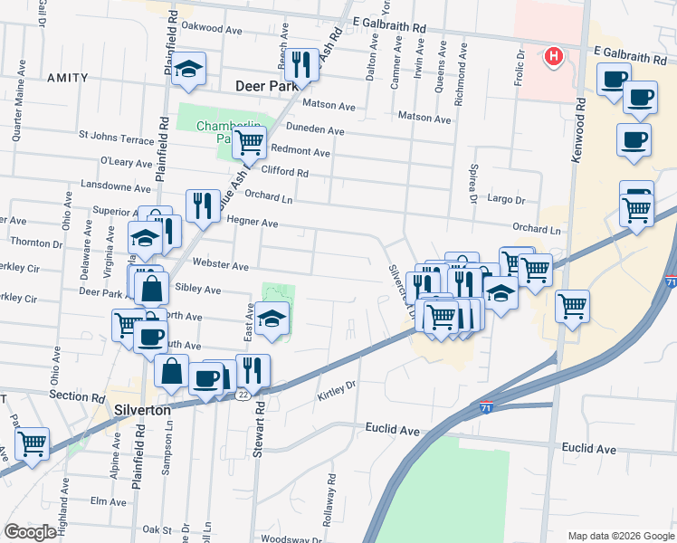 map of restaurants, bars, coffee shops, grocery stores, and more near 4325 Webster Avenue in Cincinnati