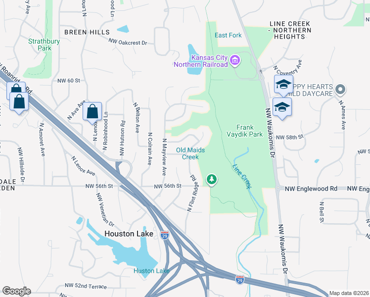 map of restaurants, bars, coffee shops, grocery stores, and more near 3021 Northwest 57 Street in Kansas City