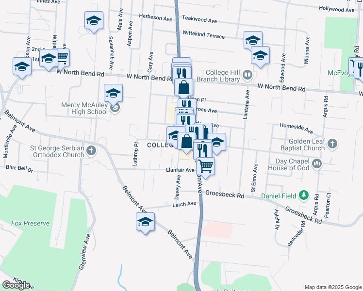 map of restaurants, bars, coffee shops, grocery stores, and more near 5819 Hamilton Avenue in Cincinnati