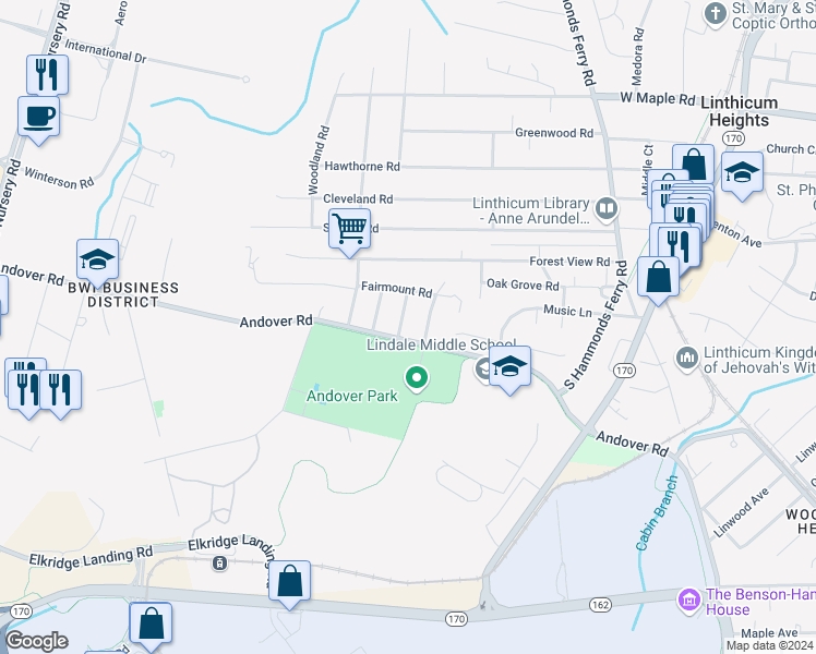 map of restaurants, bars, coffee shops, grocery stores, and more near 6589 Englewood Road in Linthicum Heights
