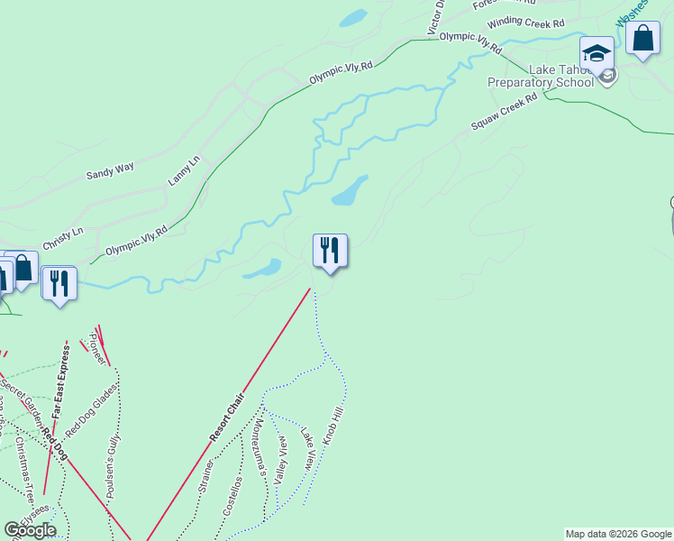 map of restaurants, bars, coffee shops, grocery stores, and more near Unnamed Road in Olympic Valley