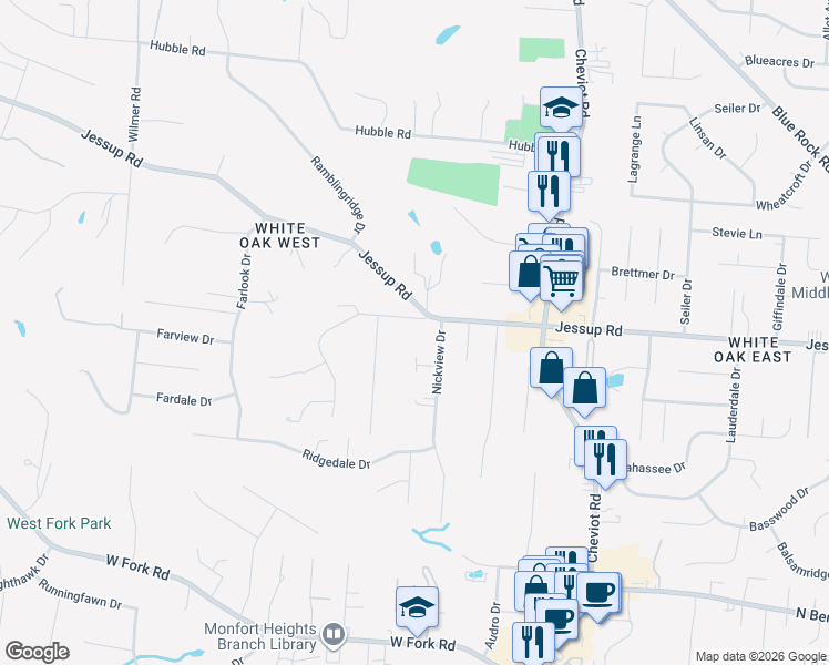 map of restaurants, bars, coffee shops, grocery stores, and more near 5741 Nickview Drive in Cincinnati
