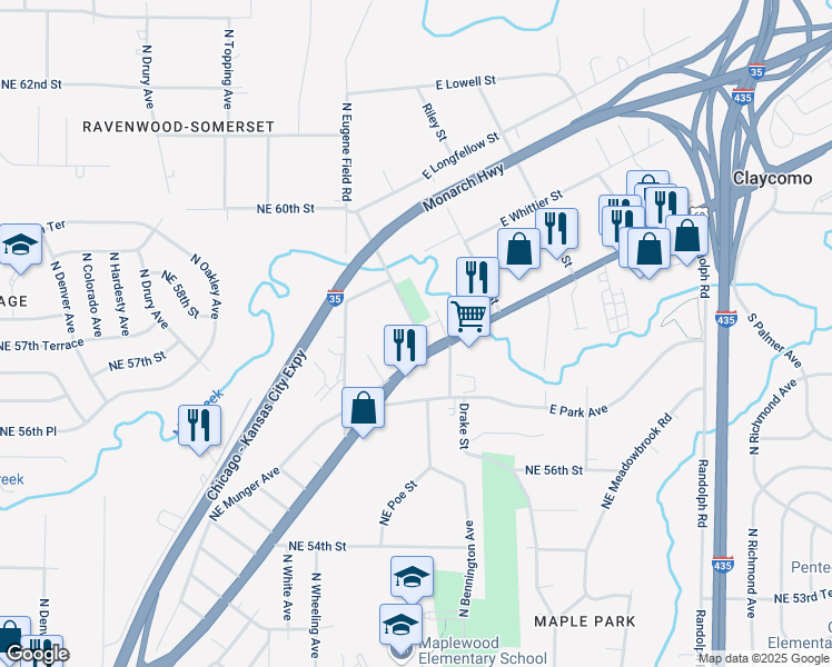 map of restaurants, bars, coffee shops, grocery stores, and more near 10 North Poe Street in Kansas City