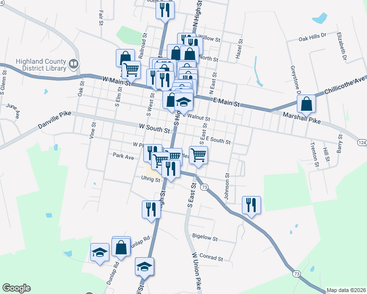 map of restaurants, bars, coffee shops, grocery stores, and more near 122 East Pleasant Street in Hillsboro