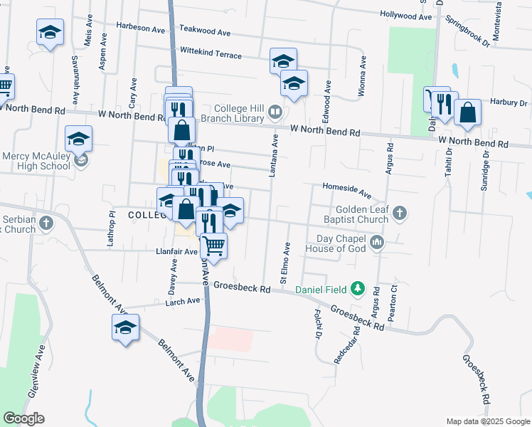 map of restaurants, bars, coffee shops, grocery stores, and more near 1402 Cedar Avenue in Cincinnati