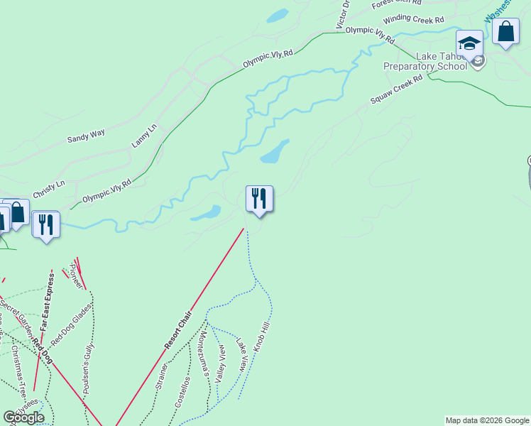 map of restaurants, bars, coffee shops, grocery stores, and more near 400 Squaw Creek Road in Olympic Valley