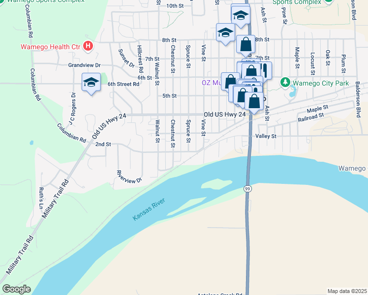 map of restaurants, bars, coffee shops, grocery stores, and more near 115 Spruce Street in Wamego