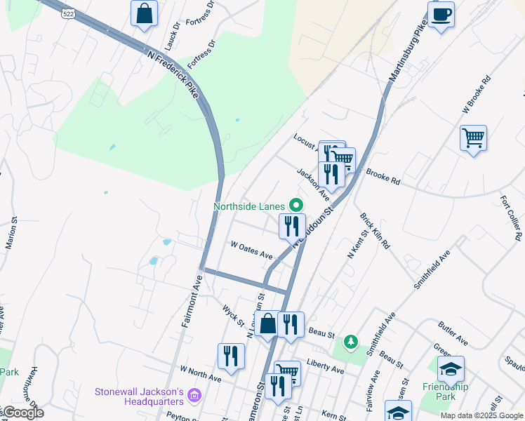map of restaurants, bars, coffee shops, grocery stores, and more near 106 Morningside Drive in Winchester