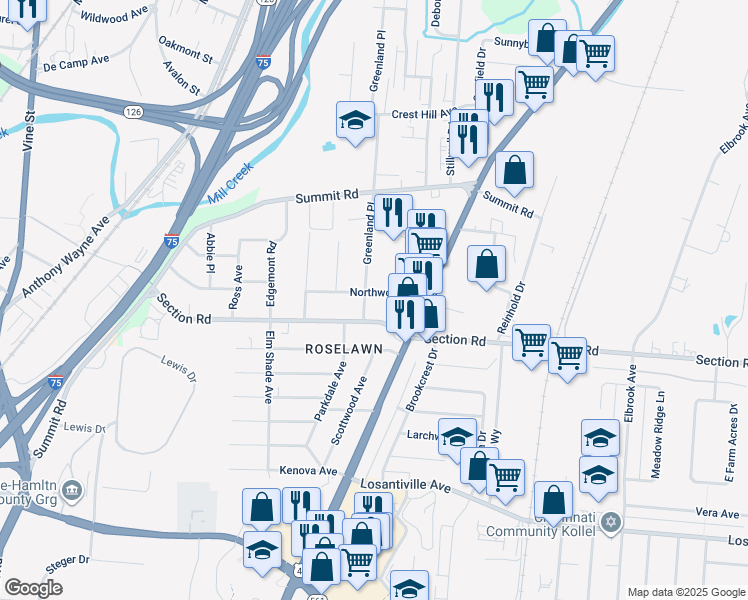 map of restaurants, bars, coffee shops, grocery stores, and more near 1618 Section Road in Cincinnati