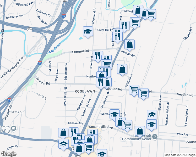 map of restaurants, bars, coffee shops, grocery stores, and more near 7504 Griffin Drive in Cincinnati